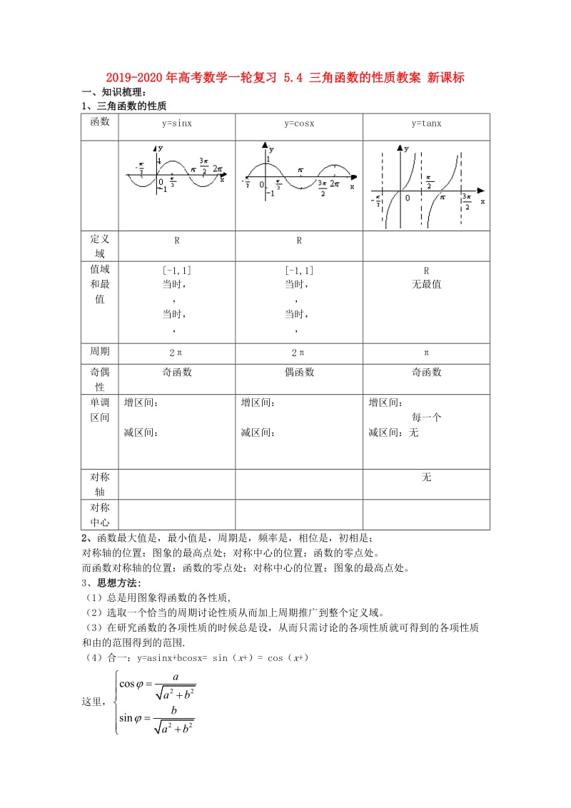 2019-2020年高考数学一轮复习 5.4 三角函数的性质教案 新课标.doc_第1页