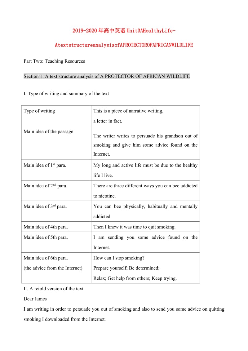 2019-2020年高中英语Unit3AHealthyLife-AtextstructureanalysisofAPROTECTOROFAFRICANWILDLIFE.doc_第1页