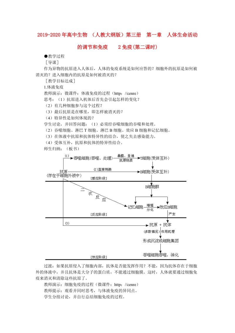 2019-2020年高中生物 （人教大纲版）第三册 第一章　人体生命活动的调节和免疫 2免疫(第二课时).doc_第1页