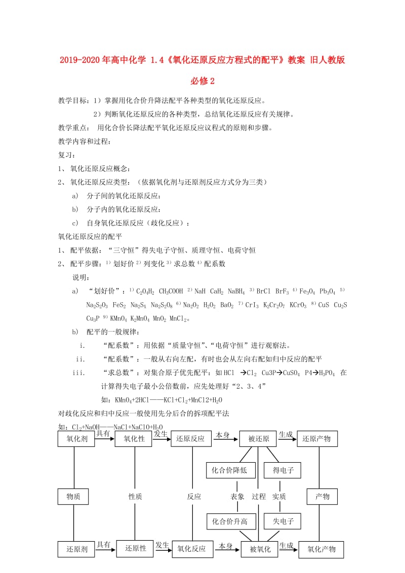 2019-2020年高中化学 1.4《氧化还原反应方程式的配平》教案 旧人教版必修2.doc_第1页