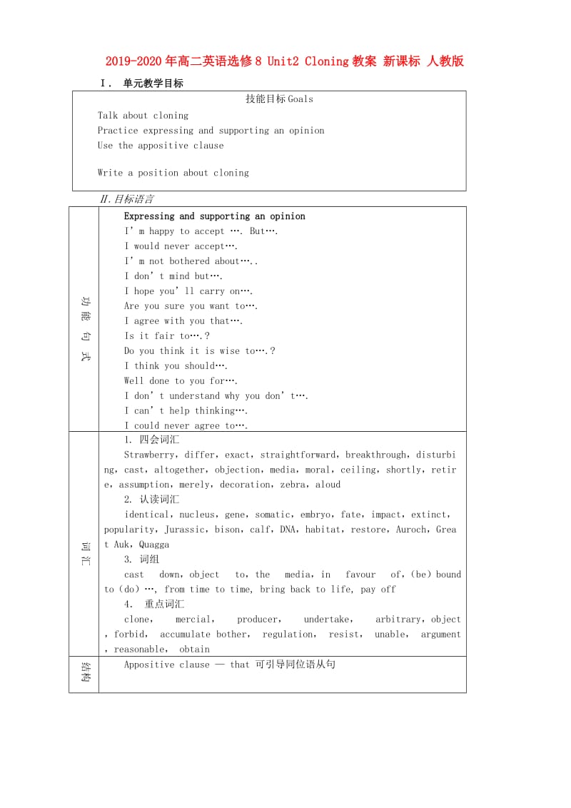 2019-2020年高二英语选修8 Unit2 Cloning教案 新课标 人教版.doc_第1页