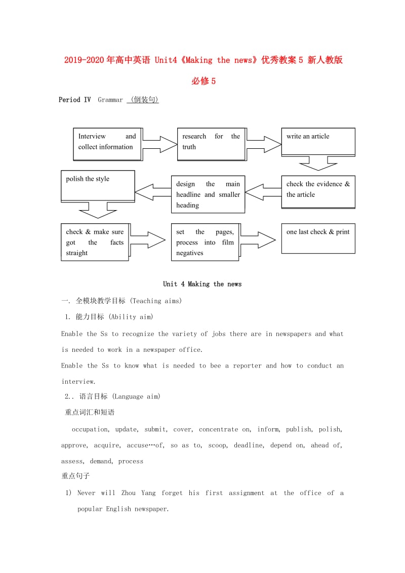 2019-2020年高中英语 Unit4《Making the news》优秀教案5 新人教版必修5.doc_第1页