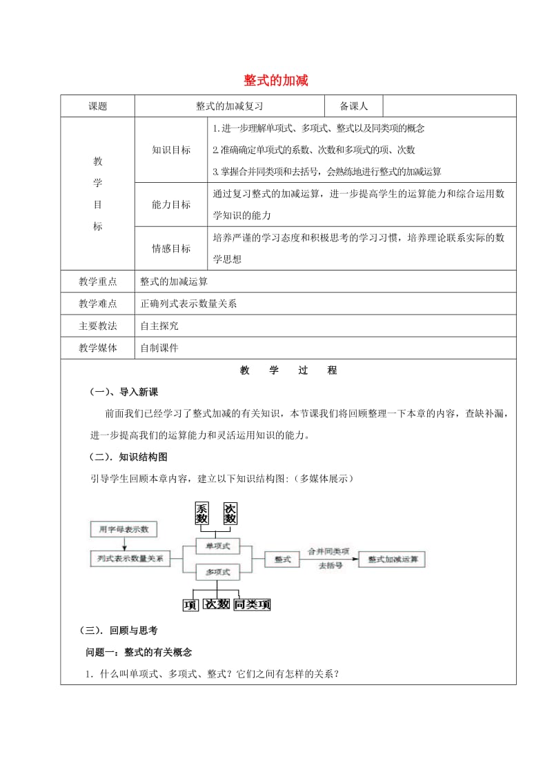 2019学年六年级数学下册 8.2 整式的加减复习教案 新人教版五四制.doc_第1页