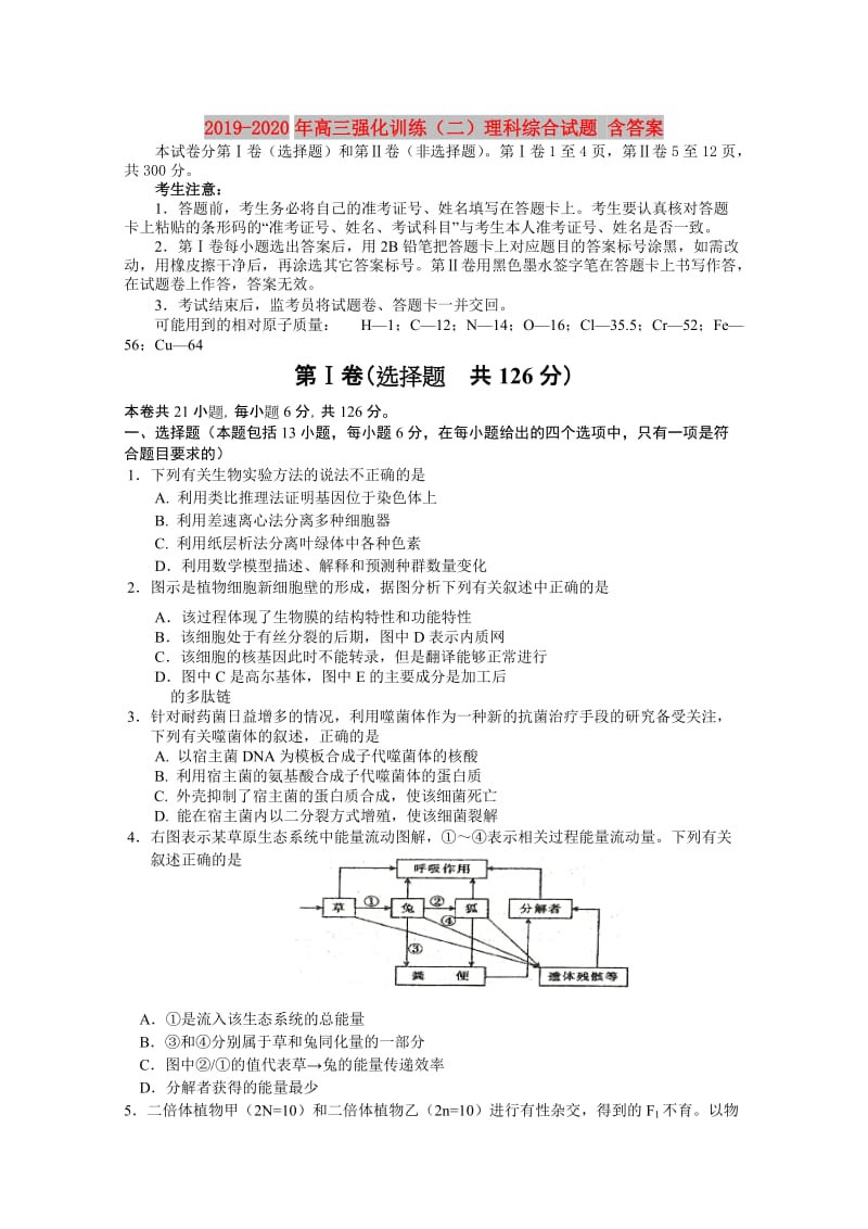 2019-2020年高三强化训练（二）理科综合试题 含答案.doc_第1页