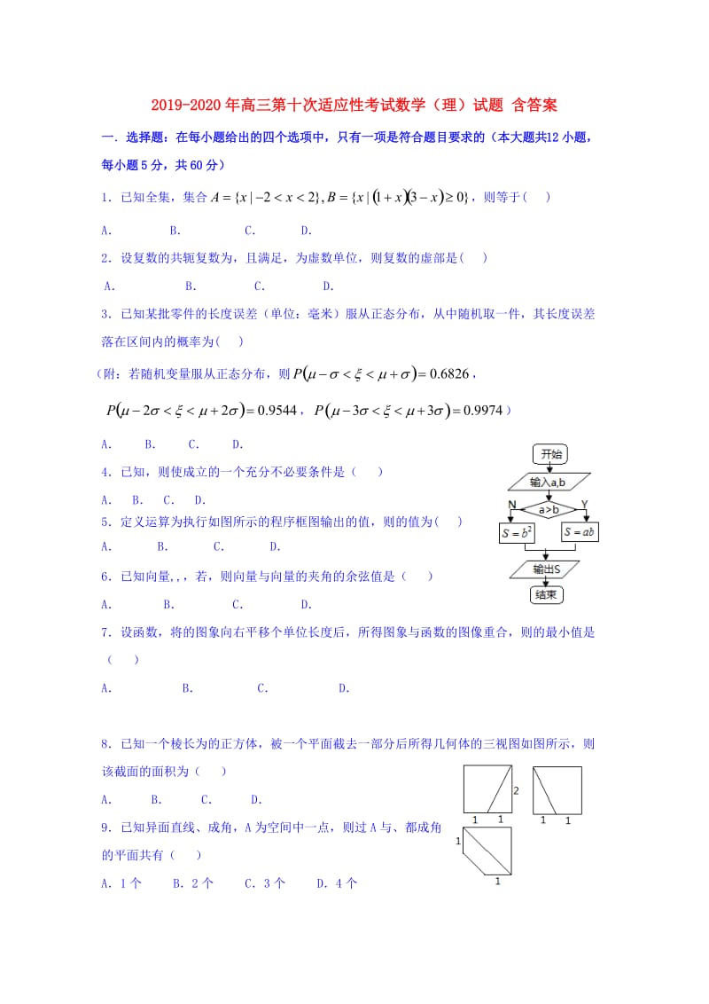 2019-2020年高三第十次适应性考试数学（理）试题 含答案.doc_第1页