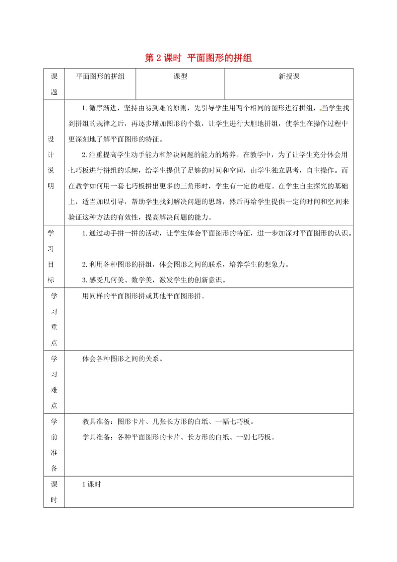 一年级数学下册 第1单元 认识图形（二）第2课时 平面图形的拼组导学案 新人教版.doc_第1页