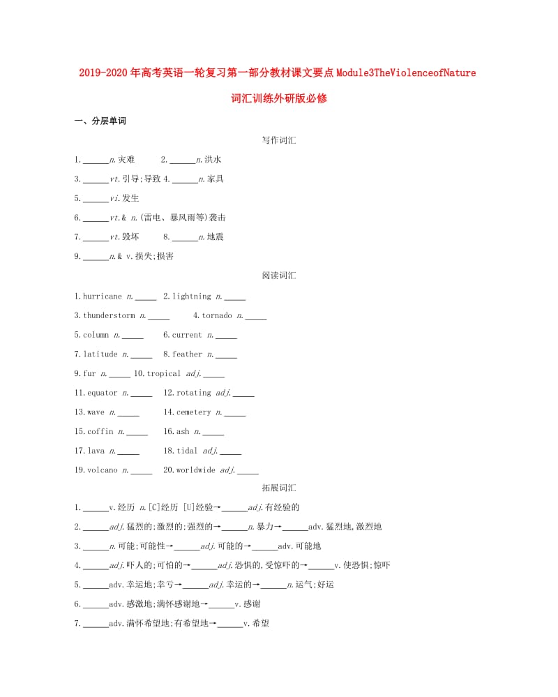 2019-2020年高考英语一轮复习第一部分教材课文要点Module3TheViolenceofNature词汇训练外研版必修.doc_第1页