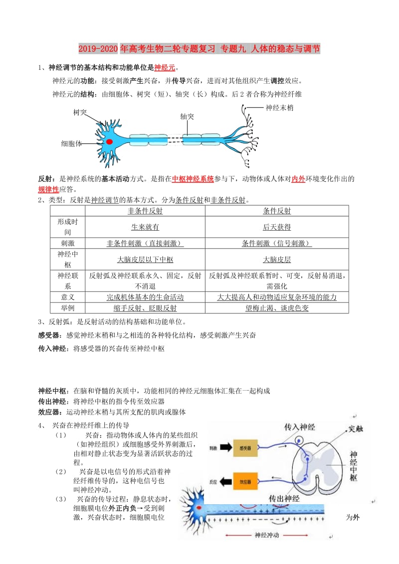 2019-2020年高考生物二轮专题复习 专题九 人体的稳态与调节.doc_第1页