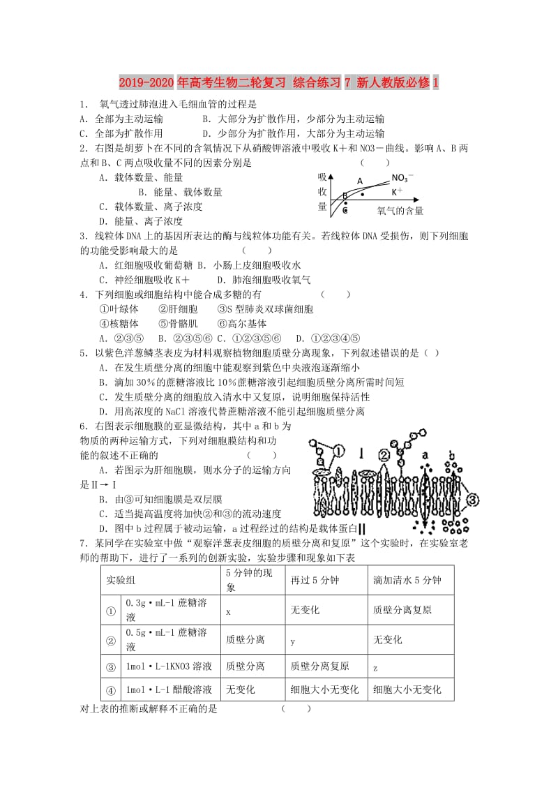 2019-2020年高考生物二轮复习 综合练习7 新人教版必修1.doc_第1页