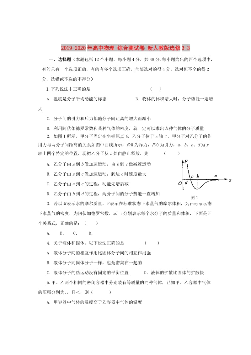 2019-2020年高中物理 综合测试卷 新人教版选修3-3.doc_第1页