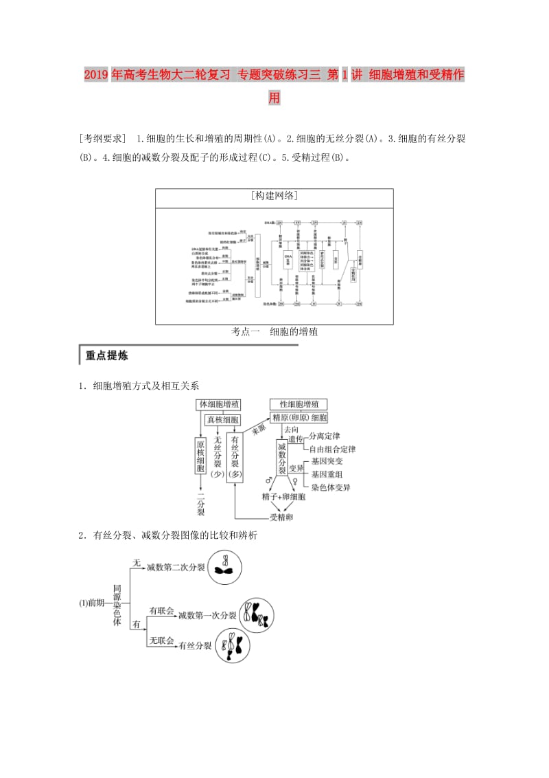 2019年高考生物大二轮复习 专题突破练习三 第1讲 细胞增殖和受精作用.doc_第1页