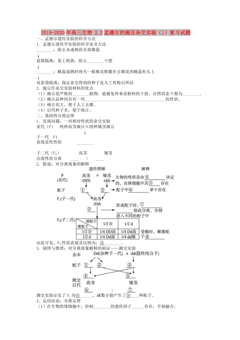 2019-2020年高三生物 2.2孟德尔的豌豆杂交实验（1）复习试题.doc_第1页