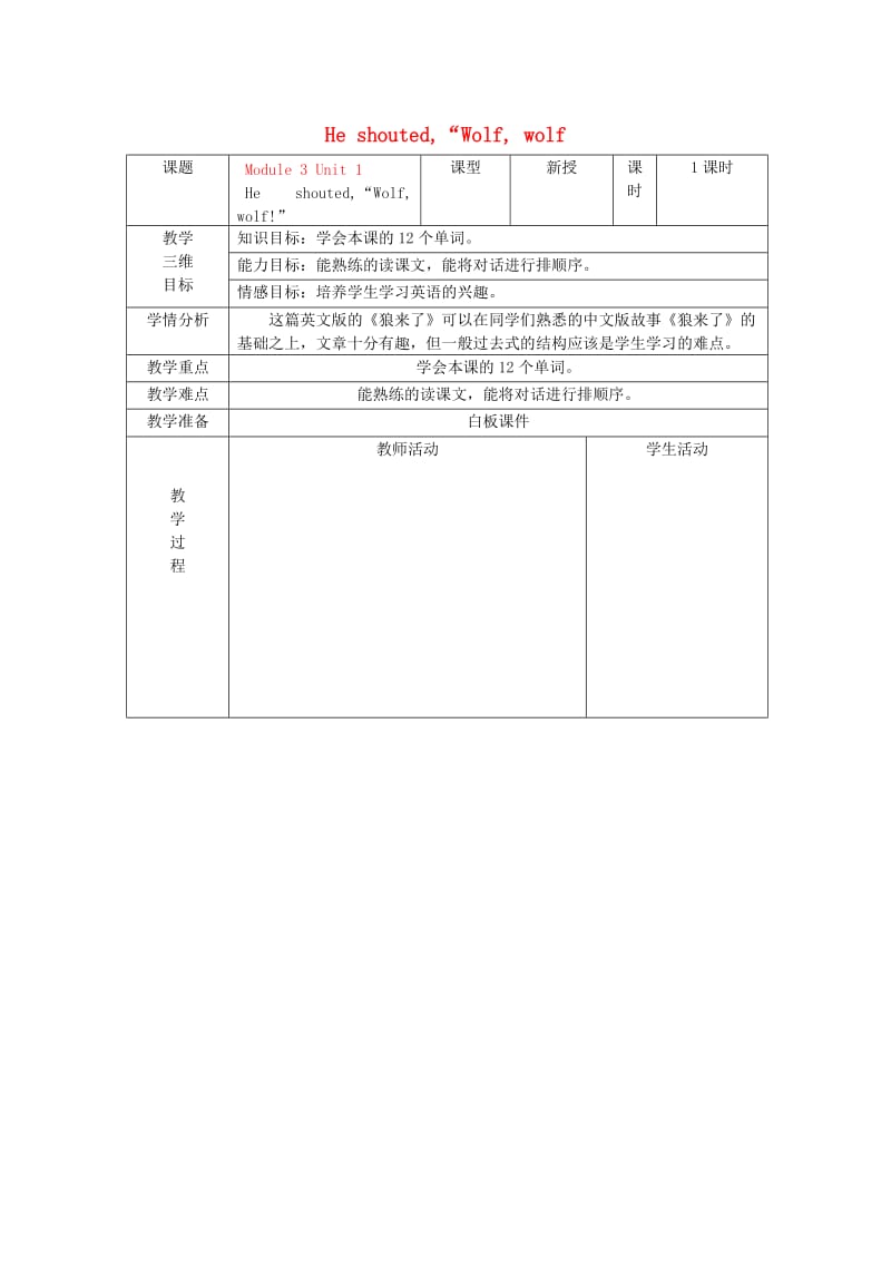 2019春四年级英语下册 Module 3 Unit 1《He shouted“ Wolfwolf”》教案 外研版.doc_第1页