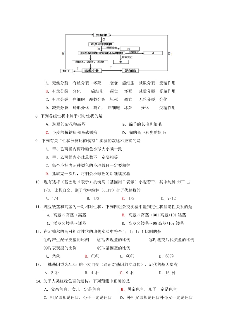 2019-2020年高二上学期期末考试生物试卷 Word版含答案.doc_第2页