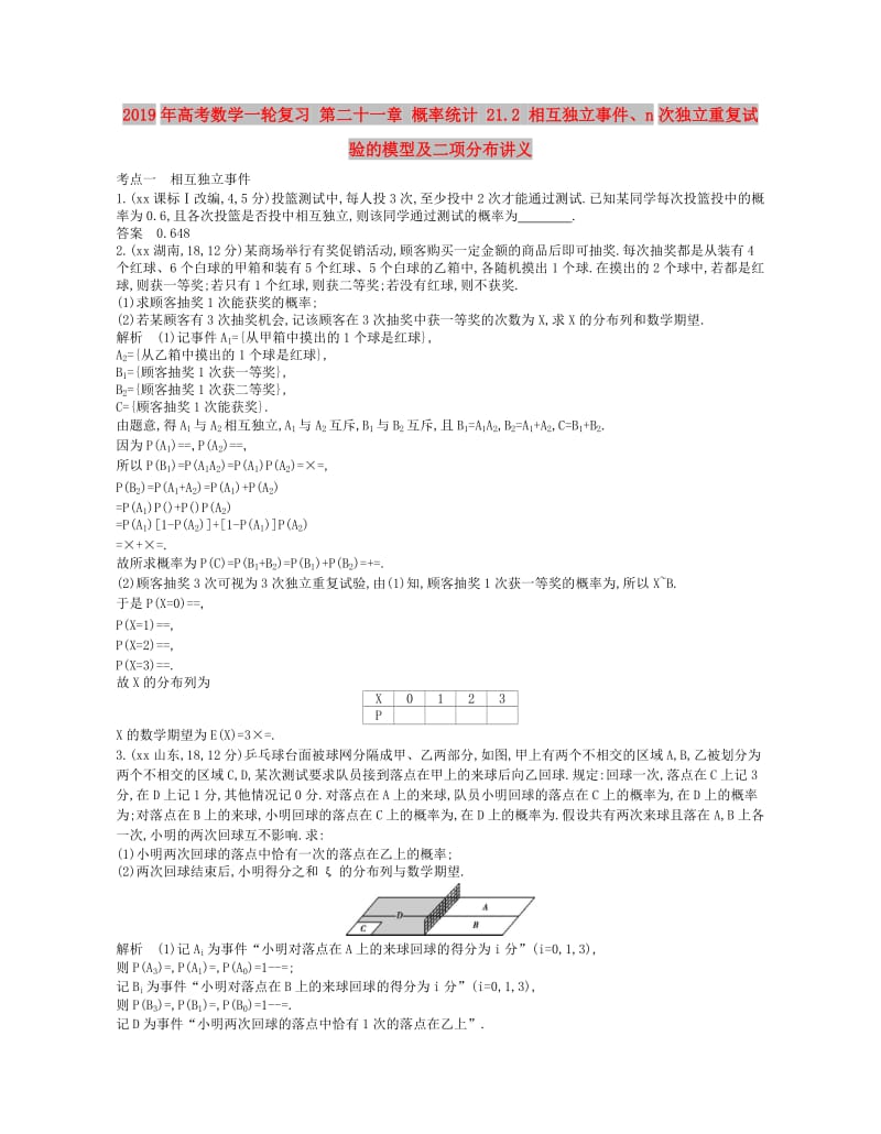 2019年高考数学一轮复习 第二十一章 概率统计 21.2 相互独立事件、n次独立重复试验的模型及二项分布讲义.doc_第1页