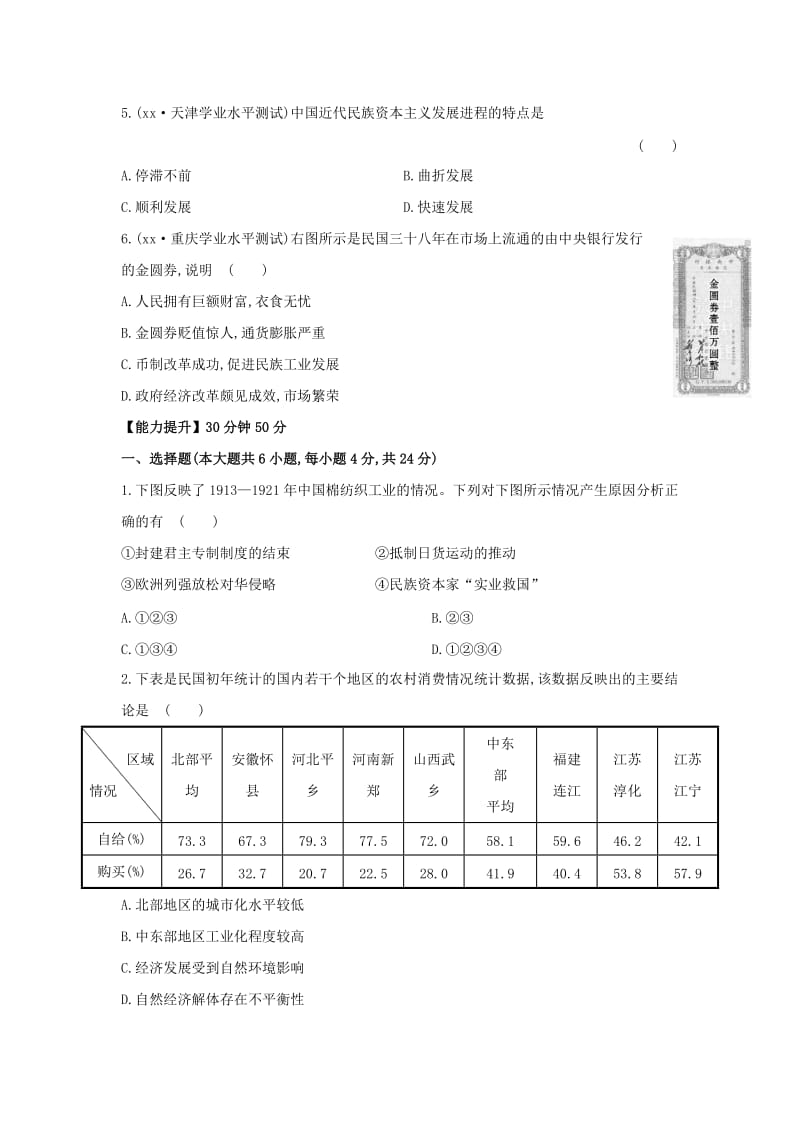 2019-2020年高中历史 2.2 民国时期民族工业的曲折发展课时提升训练（含解析）人民版必修2.doc_第2页