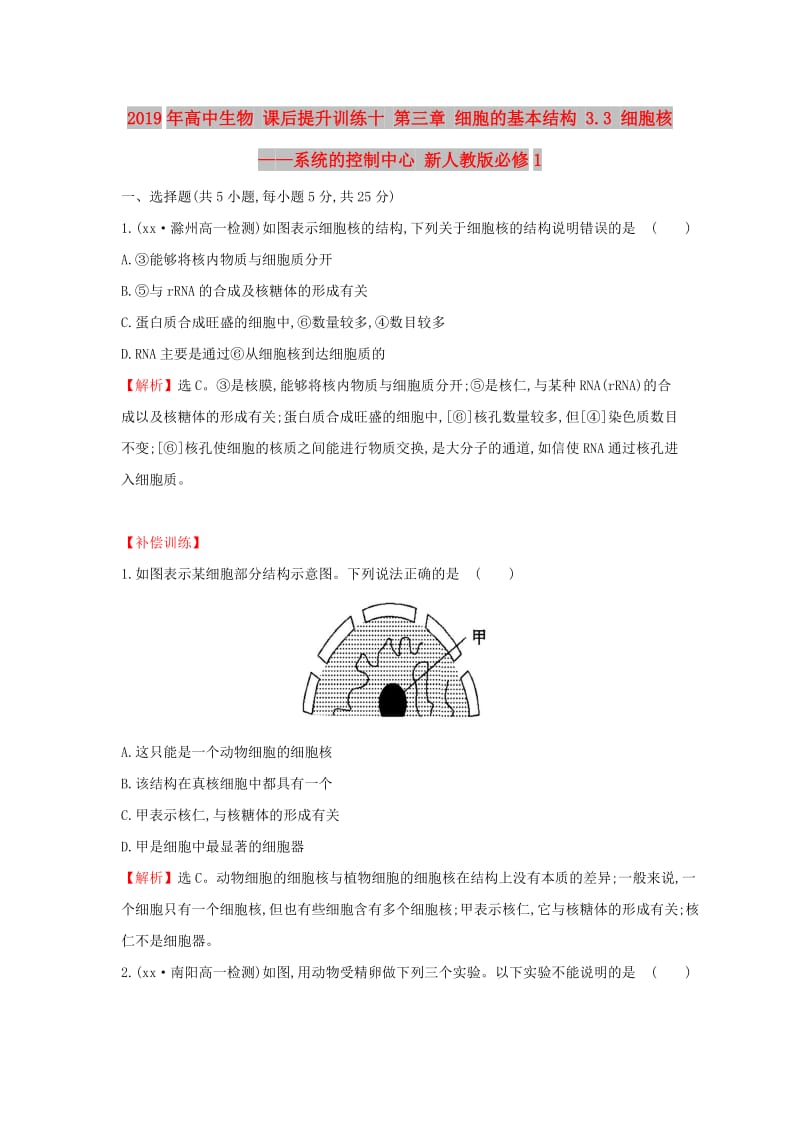 2019年高中生物 课后提升训练十 第三章 细胞的基本结构 3.3 细胞核——系统的控制中心 新人教版必修1.doc_第1页