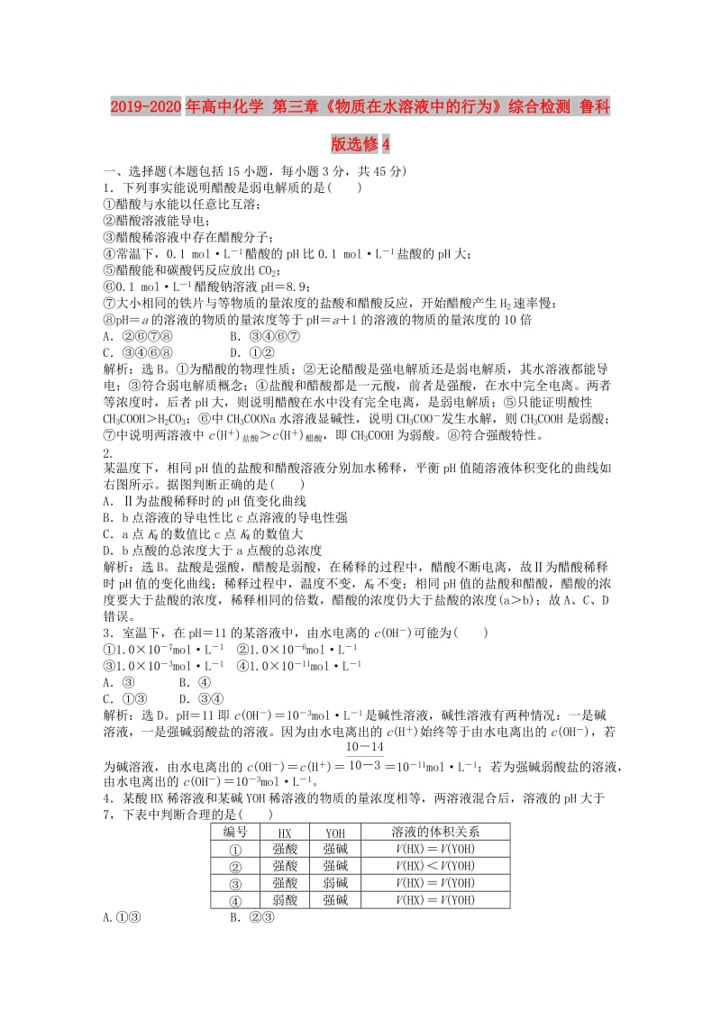 2019-2020年高中化学 第三章《物质在水溶液中的行为》综合检测 鲁科版选修4.doc_第1页