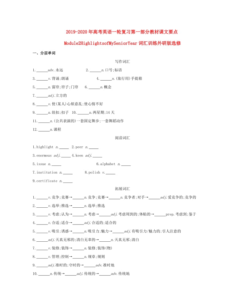 2019-2020年高考英语一轮复习第一部分教材课文要点Module2HighlightsofMySeniorYear词汇训练外研版选修.doc_第1页