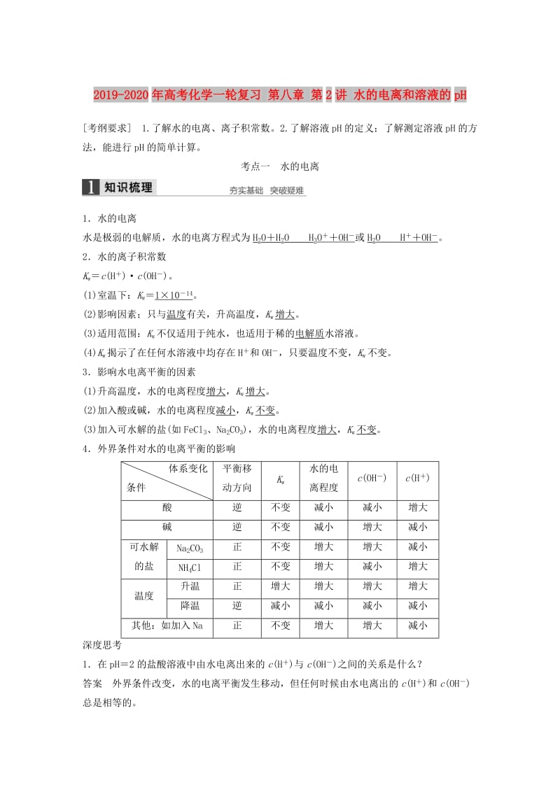 2019-2020年高考化学一轮复习 第八章 第2讲 水的电离和溶液的pH.doc_第1页