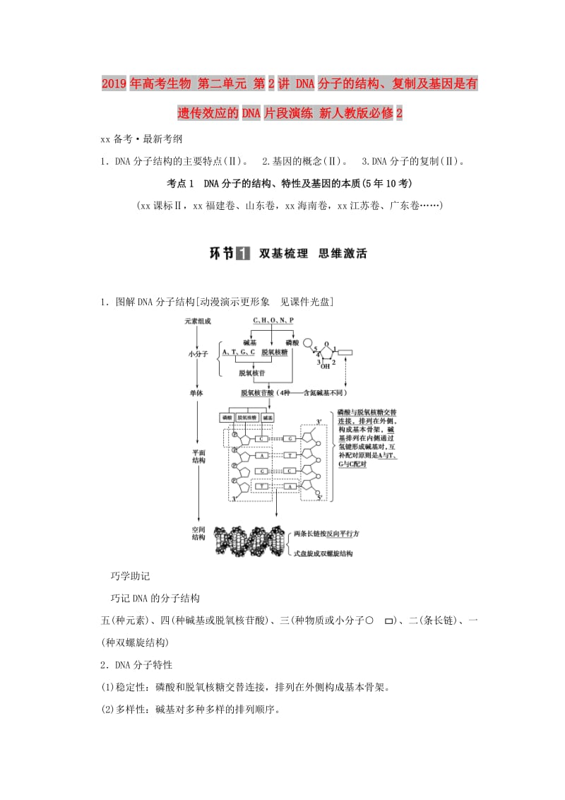 2019年高考生物 第二单元 第2讲 DNA分子的结构、复制及基因是有遗传效应的DNA片段演练 新人教版必修2.doc_第1页