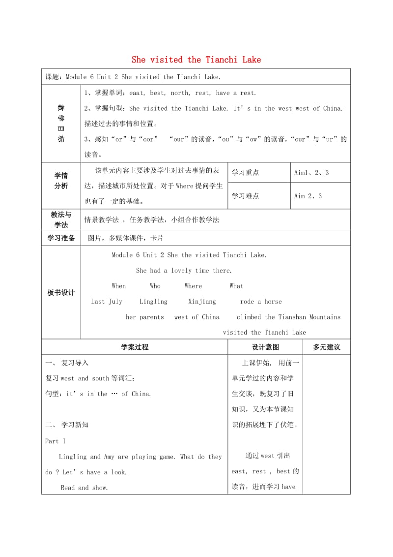 六年级英语下册 Module 6 Unit 2《She visited the Tianchi Lake》教案 外研版.doc_第1页