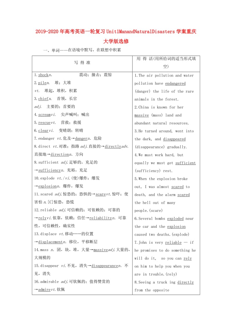 2019-2020年高考英语一轮复习Unit1ManandNaturalDisasters学案重庆大学版选修.doc_第1页