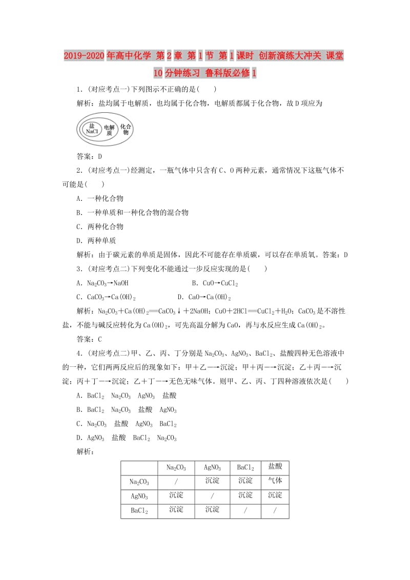 2019-2020年高中化学 第2章 第1节 第1课时 创新演练大冲关 课堂10分钟练习 鲁科版必修1.doc_第1页