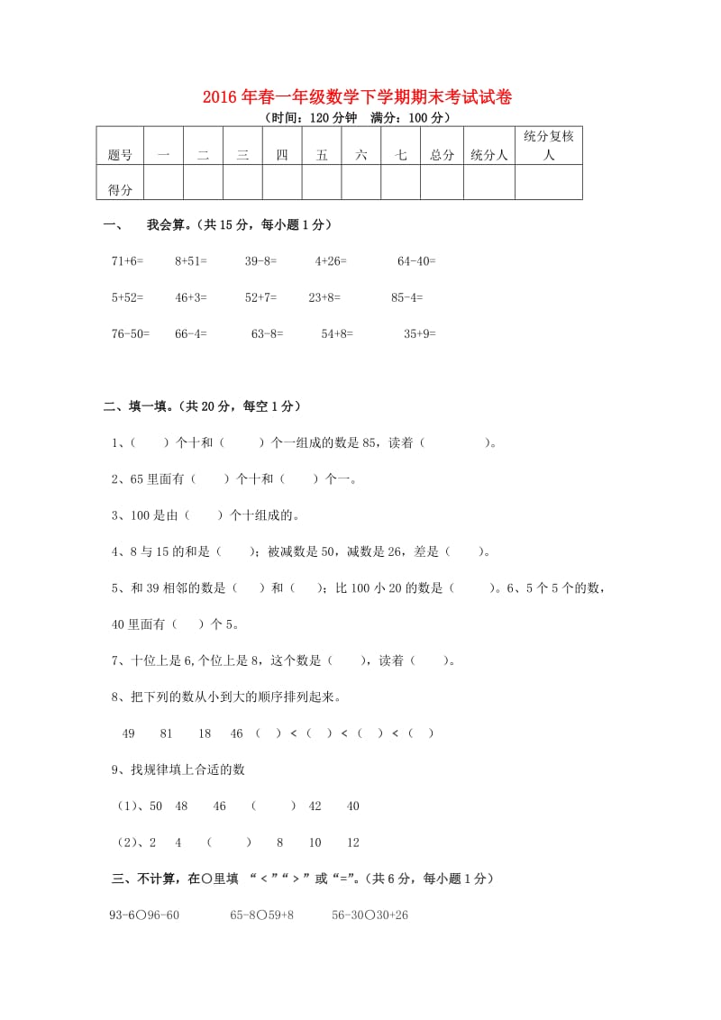 2019年春一年级数学下学期期末考试试卷 苏教版.doc_第1页