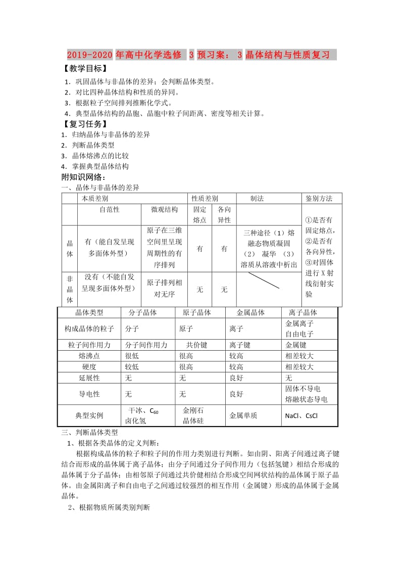 2019-2020年高中化学选修3预习案：3晶体结构与性质复习.doc_第1页