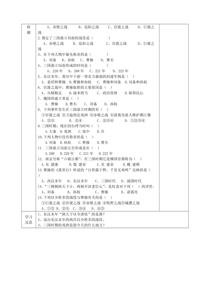 2019年六年级历史上册 第四单元 政权分立与民族融合 第20课 三国鼎立导学案 鲁教版五四制.doc_第2页