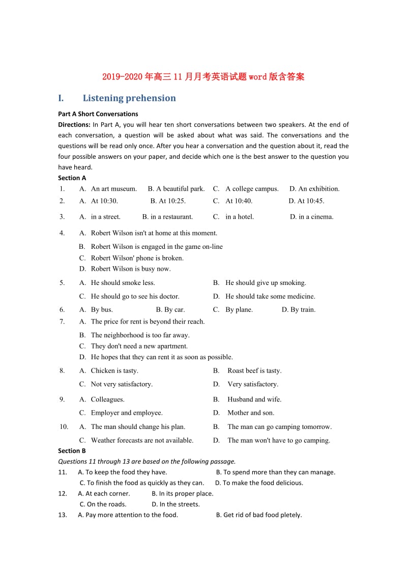 2019-2020年高三11月月考英语试题word版含答案.doc_第1页