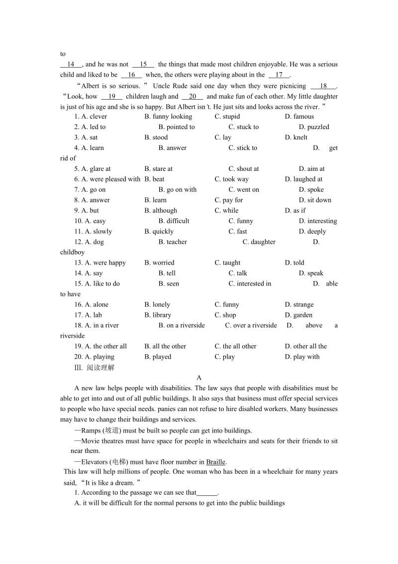 2019-2020年高二英语 Unit 17 Disabilities综合训练题 旧人教版.doc_第3页