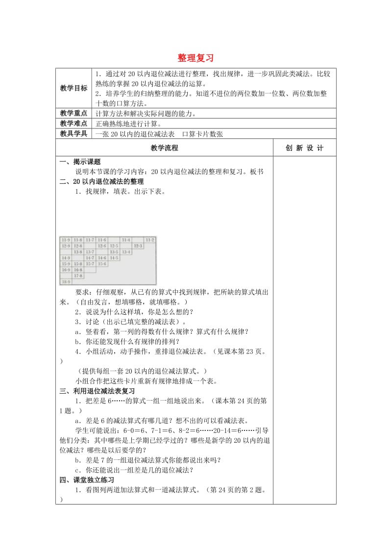 2019春一年级数学下册 2.11 整理和复习教案1 新人教版.doc_第1页