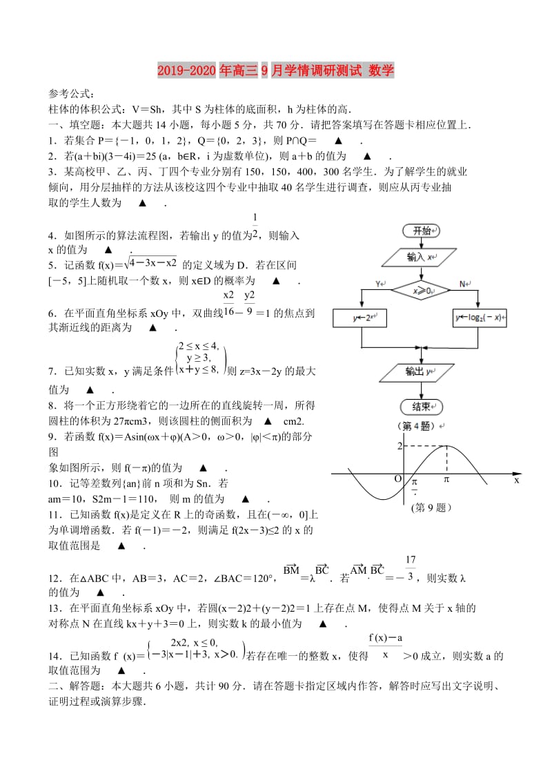 2019-2020年高三9月学情调研测试 数学.doc_第1页