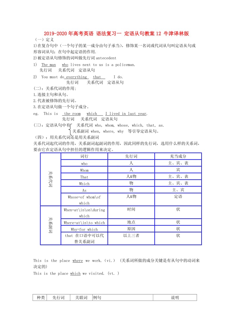 2019-2020年高考英语 语法复习一 定语从句教案12 牛津译林版.doc_第1页