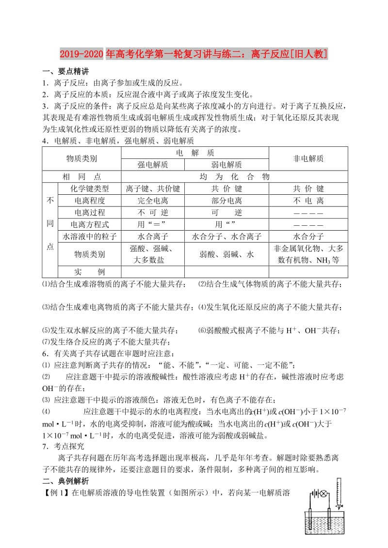 2019-2020年高考化学第一轮复习讲与练二：离子反应[旧人教].doc_第1页