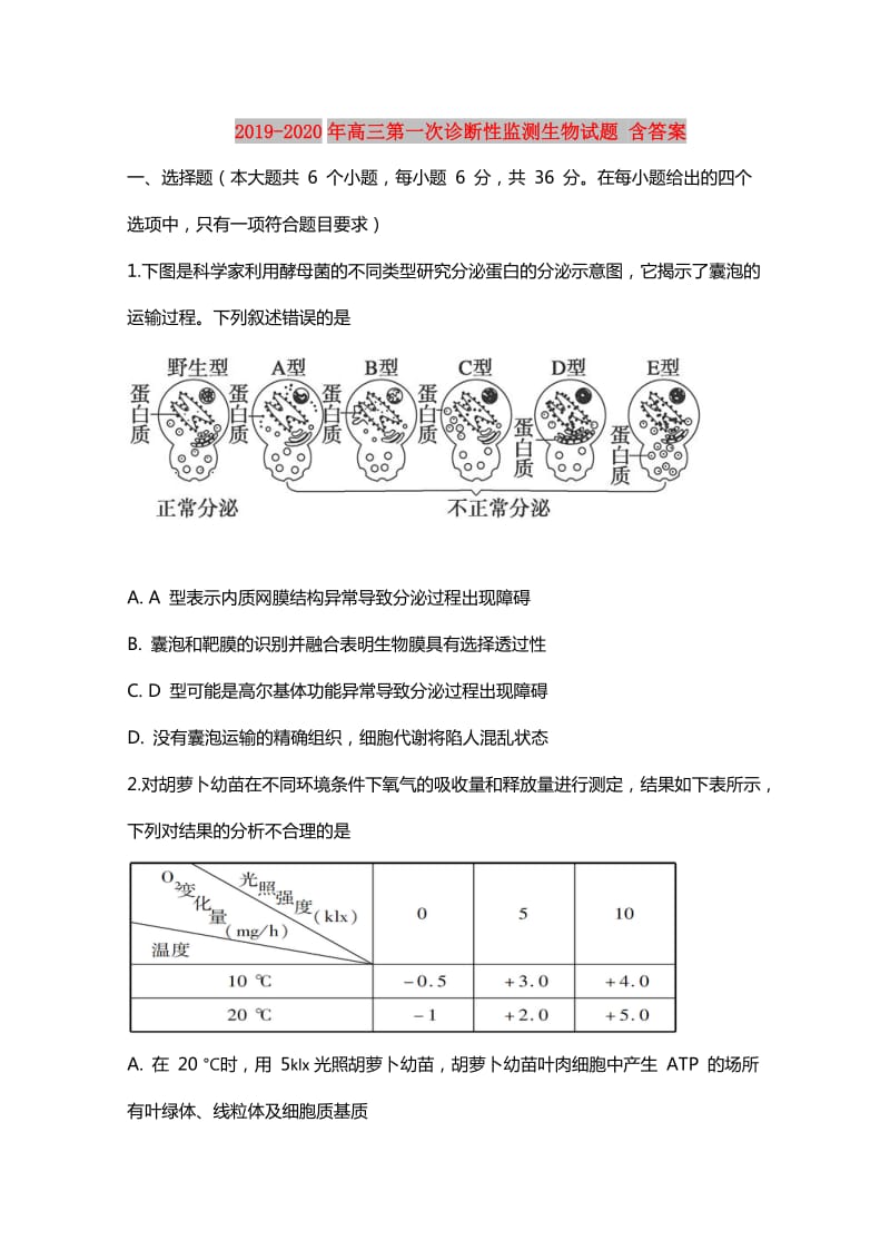 2019-2020年高三第一次诊断性监测生物试题 含答案.doc_第1页