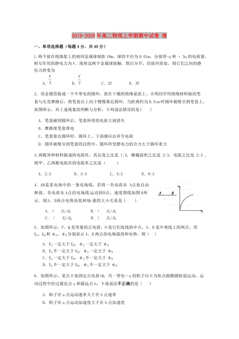 2019-2020年高二物理上学期期中试卷 理.doc_第1页