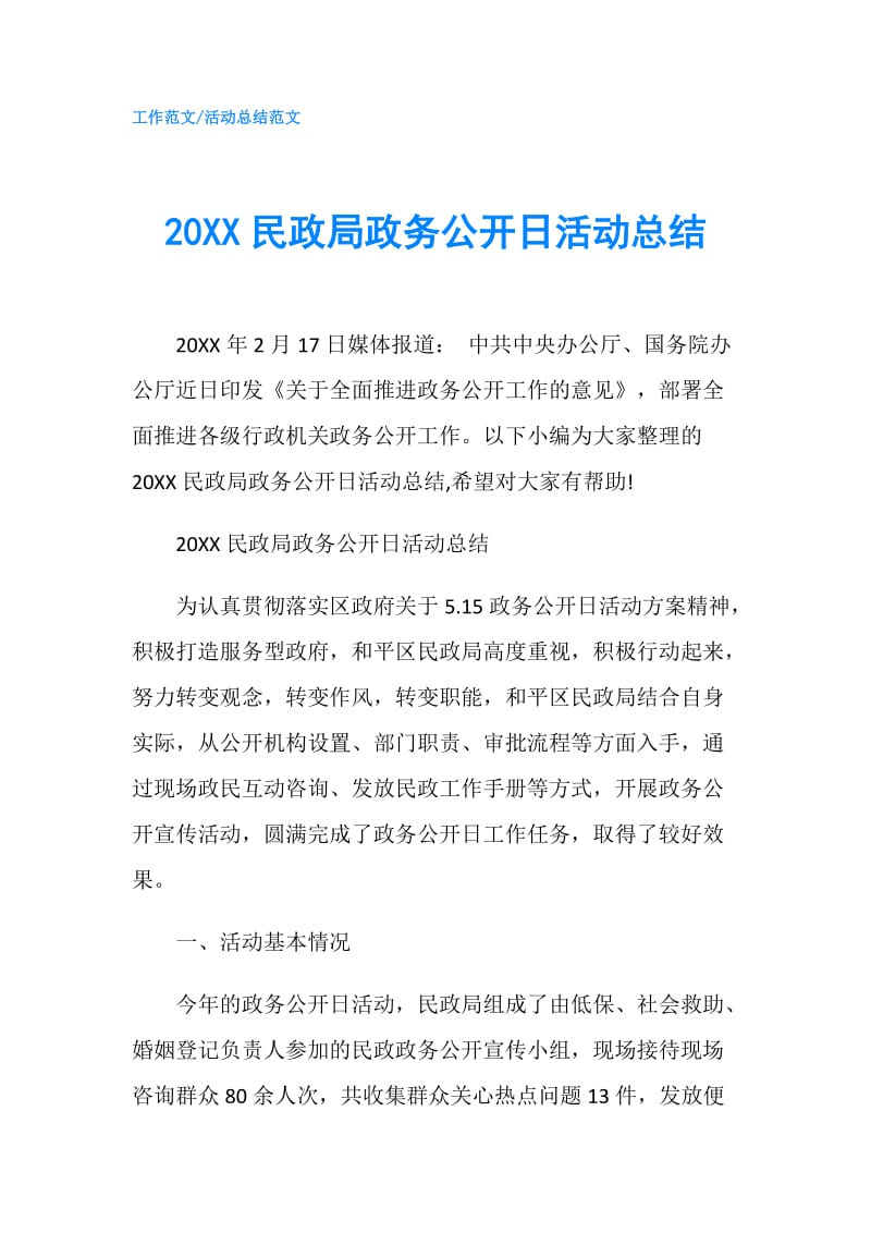 20XX民政局政务公开日活动总结.doc_第1页