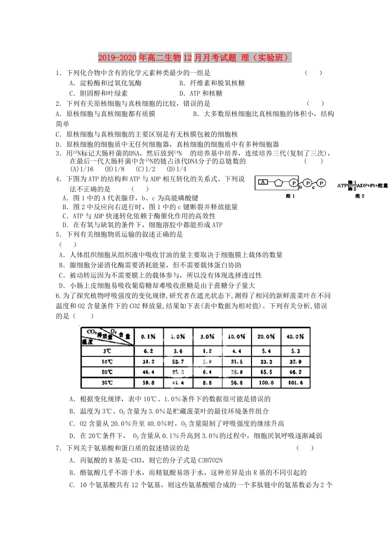 2019-2020年高二生物12月月考试题 理（实验班）.doc_第1页