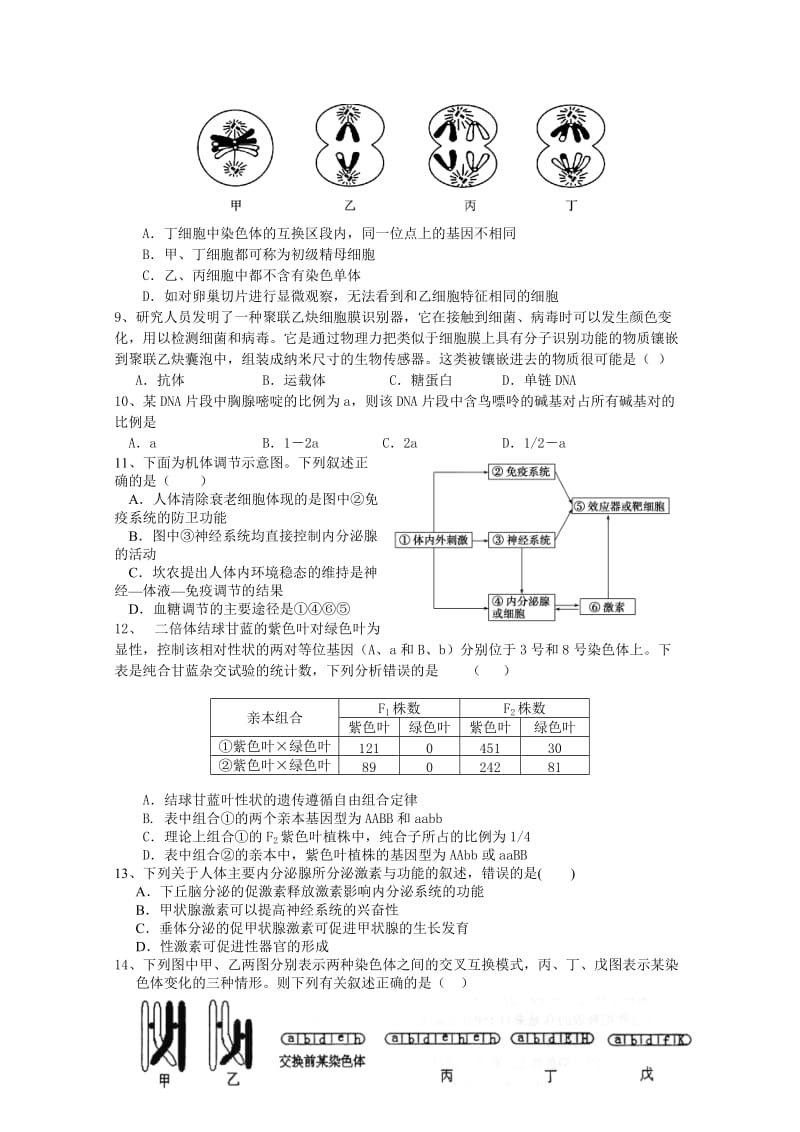 2019-2020年高三上学期第一次月考试题 生物（选修） 含答案.doc_第2页