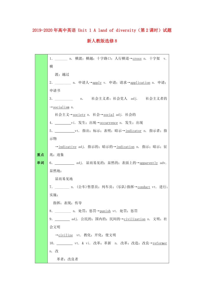 2019-2020年高中英语 Unit 1 A land of diversity（第2课时）试题 新人教版选修8.doc_第1页