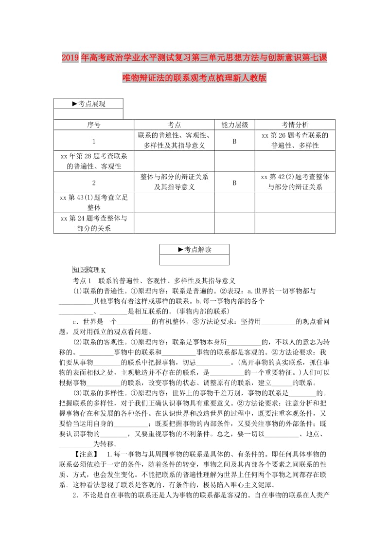 2019年高考政治学业水平测试复习第三单元思想方法与创新意识第七课唯物辩证法的联系观考点梳理新人教版.doc_第1页