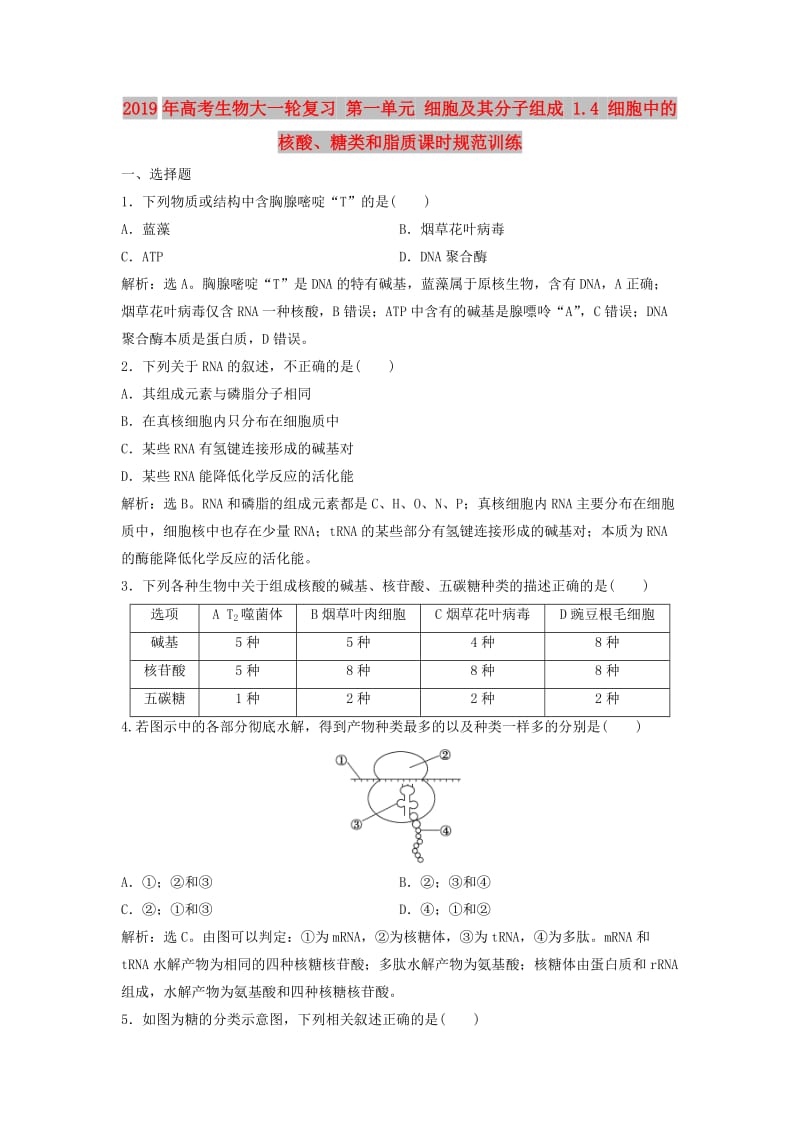 2019年高考生物大一轮复习 第一单元 细胞及其分子组成 1.4 细胞中的核酸、糖类和脂质课时规范训练.doc_第1页