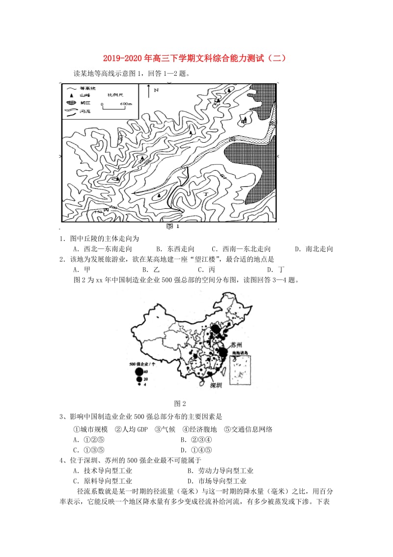 2019-2020年高三下学期文科综合能力测试（二）.doc_第1页
