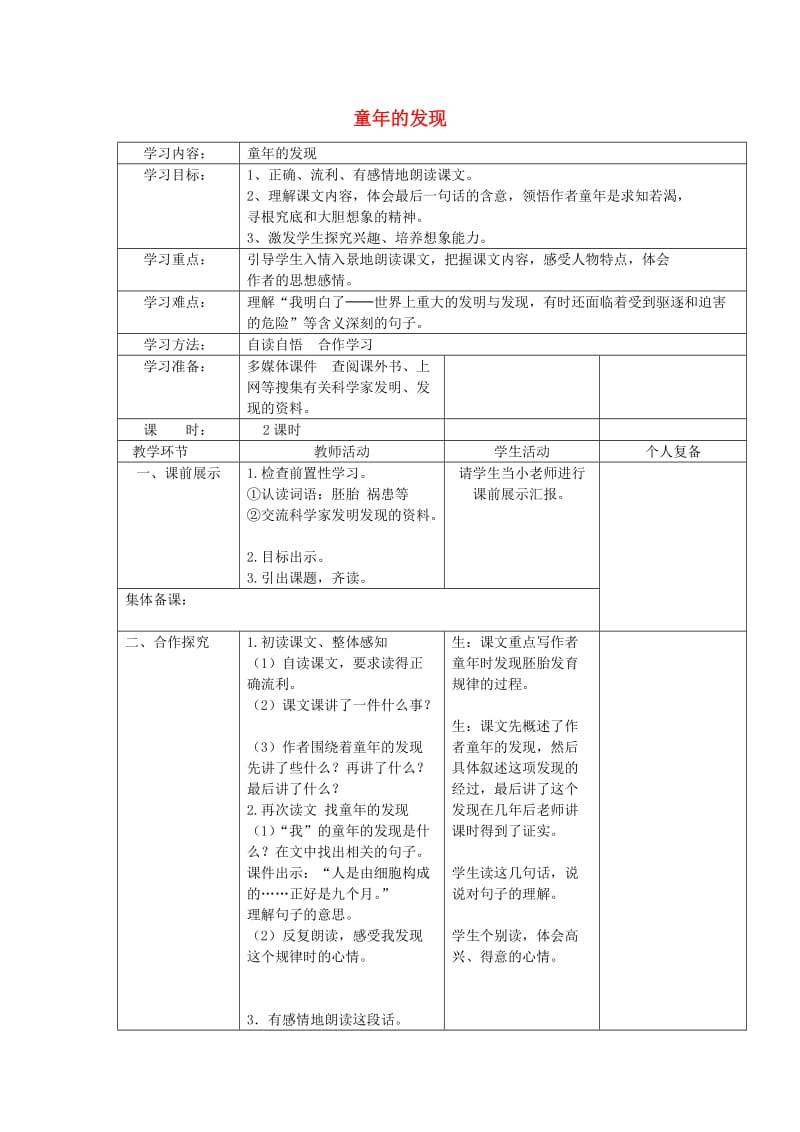 2019春六年级语文下册 第14课《童年的发现》教案 语文S版.doc_第1页