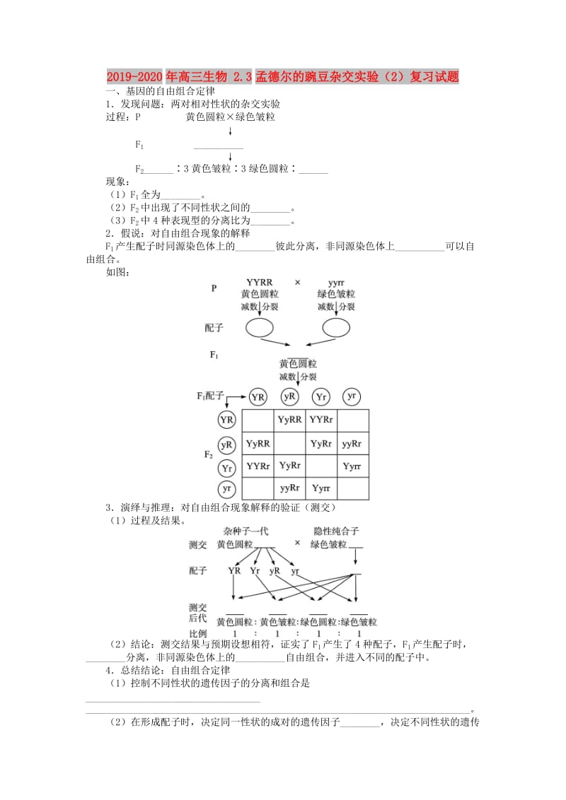 2019-2020年高三生物 2.3孟德尔的豌豆杂交实验（2）复习试题.doc_第1页