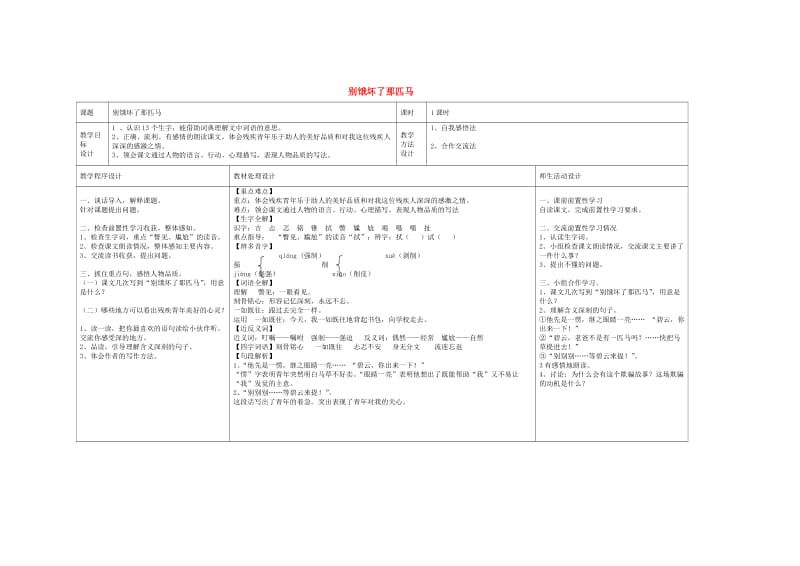 六年级语文上册 别饿坏了那匹马教案 新人教版.doc_第1页