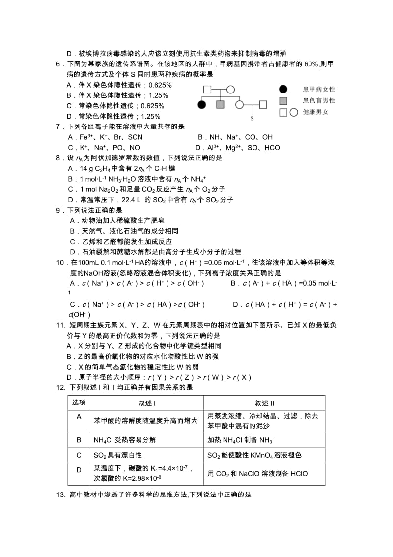 2019-2020年高三第二次高考模拟考试理科综合试题 含答案.doc_第2页